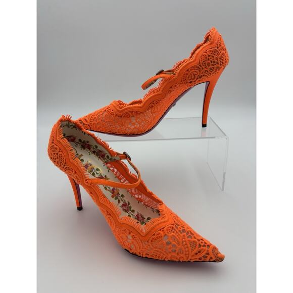 Gucci Mary Jane Heels Neon Orange Lace Size 39 Rhinestone Buckle Authentic - Picture 14 of 14